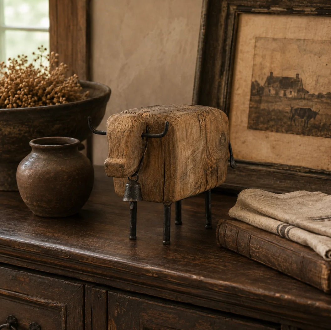 Vintage Longhorn Bull Sculpture – Rustic Western Farmhouse Home Decor
