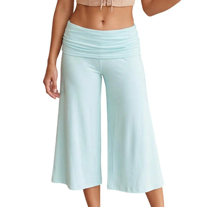 Women Summer Fold Over Wide Leg Capri Pants Low Rise Lounge Yoga Flare Culottes Y2k Soft Flowy Crop Palazzo Pants Beach