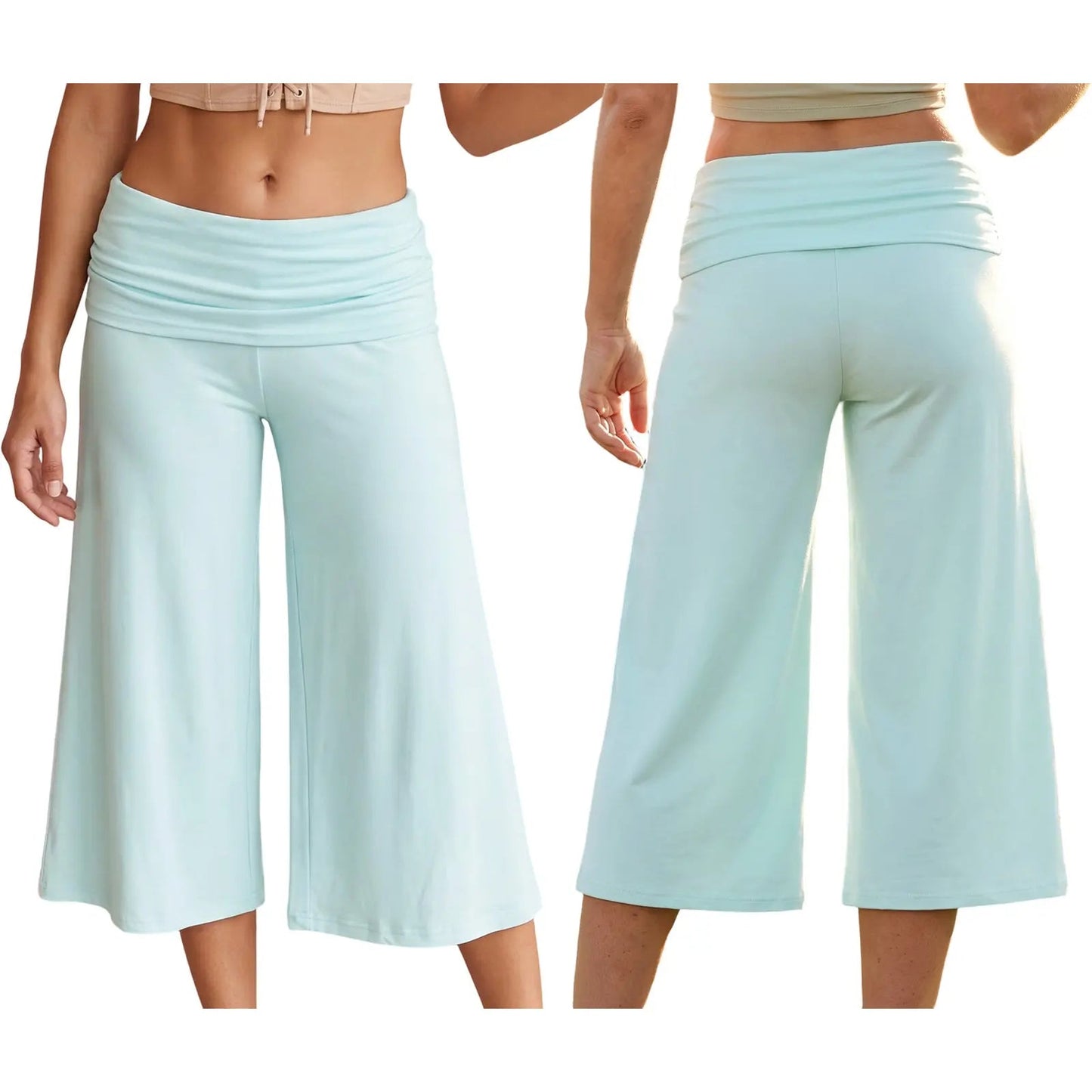 Women Summer Fold Over Wide Leg Capri Pants Low Rise Lounge Yoga Flare Culottes Y2k Soft Flowy Crop Palazzo Pants Beach