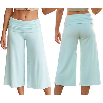 Women Summer Fold Over Wide Leg Capri Pants Low Rise Lounge Yoga Flare Culottes Y2k Soft Flowy Crop Palazzo Pants Beach
