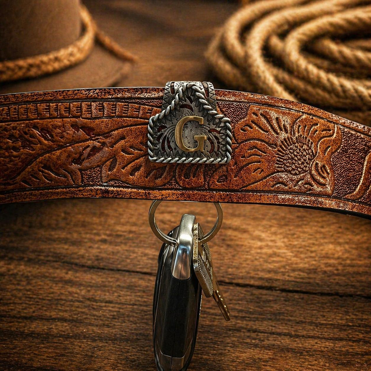 Personalized Cow Tag Keychain – Western Belt & Key Holder with Initial