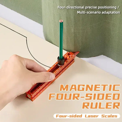 Magnetic 4‑Sided Aluminum Alloy Precision Ruler, Inch/cm Scale, Tile Height Gauge for Woodworking Construction DIY