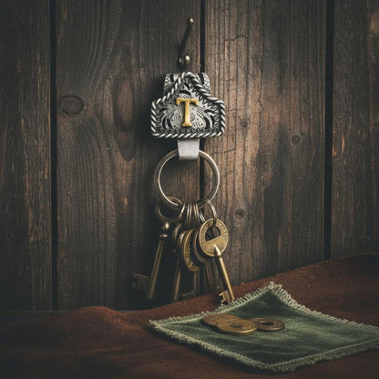 Handmade Cow Tag Belt Key Holder with Copper Initial