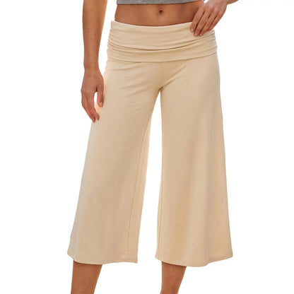 Women Summer Fold Over Wide Leg Capri Pants Low Rise Lounge Yoga Flare Culottes Y2k Soft Flowy Crop Palazzo Pants Beach