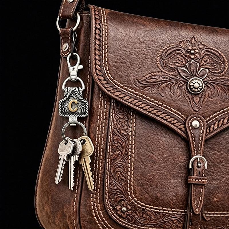 Personalized Cow Tag Keychain – Western Belt & Key Holder with Initial