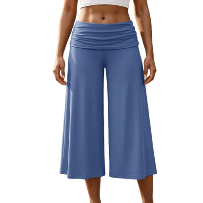 Women Summer Fold Over Wide Leg Capri Pants Low Rise Lounge Yoga Flare Culottes Y2k Soft Flowy Crop Palazzo Pants Beach