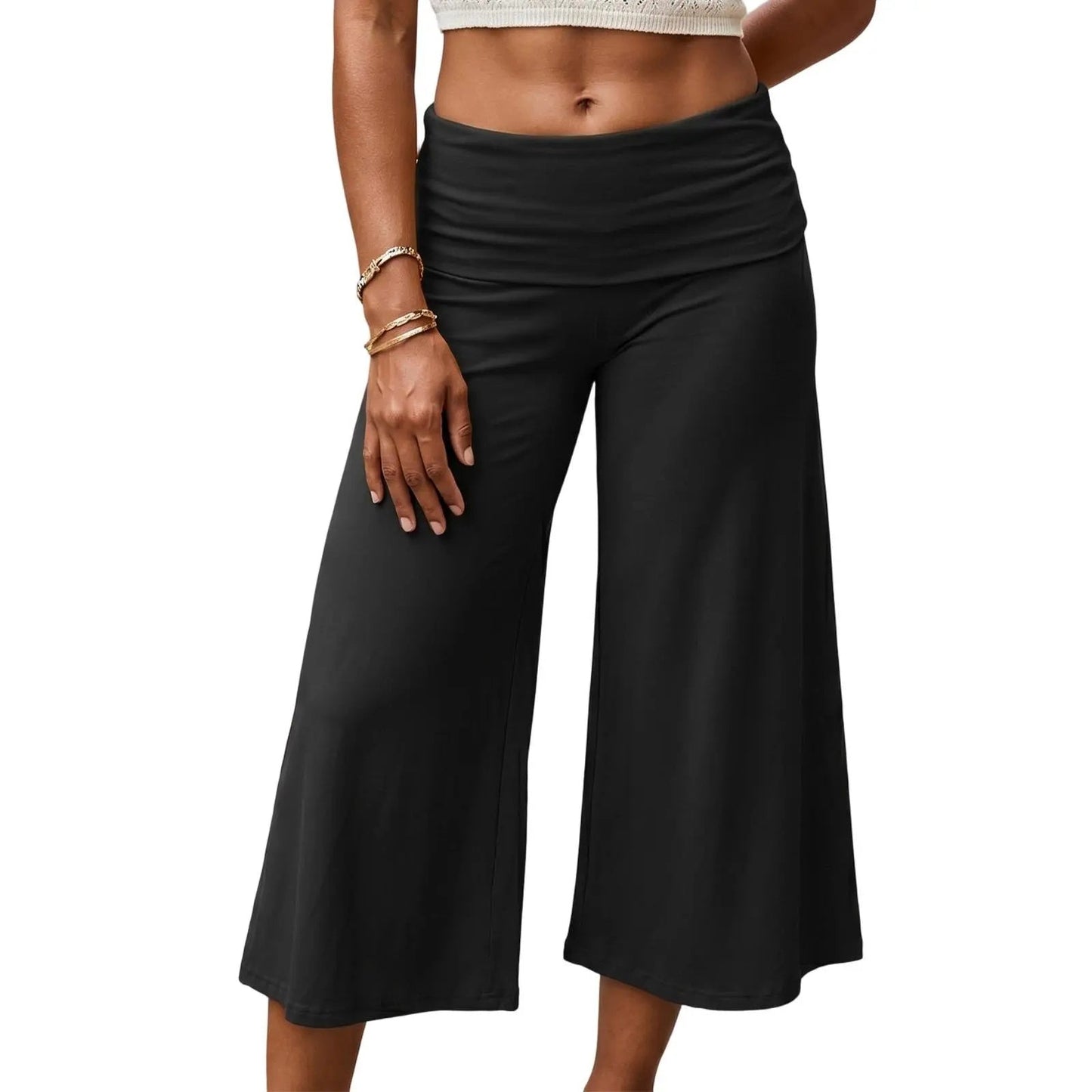 Women Summer Fold Over Wide Leg Capri Pants Low Rise Lounge Yoga Flare Culottes Y2k Soft Flowy Crop Palazzo Pants Beach