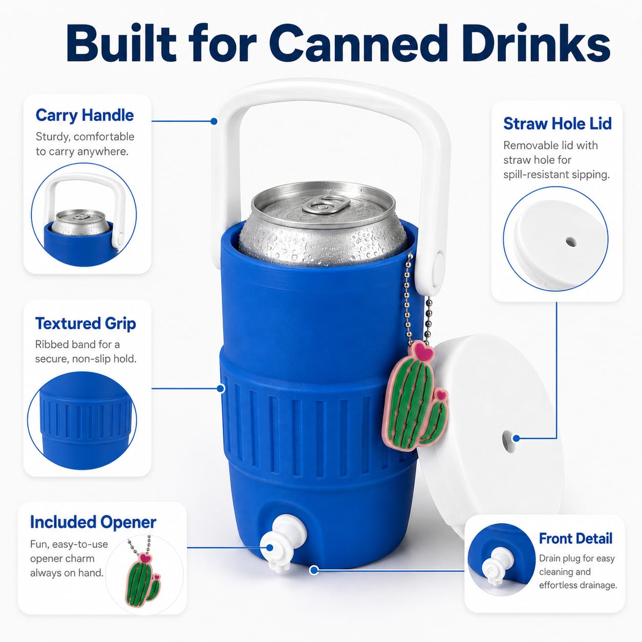 12 oz Can Cooler Holder with Handle, Lid, Straw Hole and Bottle Opener, Portable Beverage Can Sleeve for Soda, Seltzer, Beer, Parties and Outdoor Use