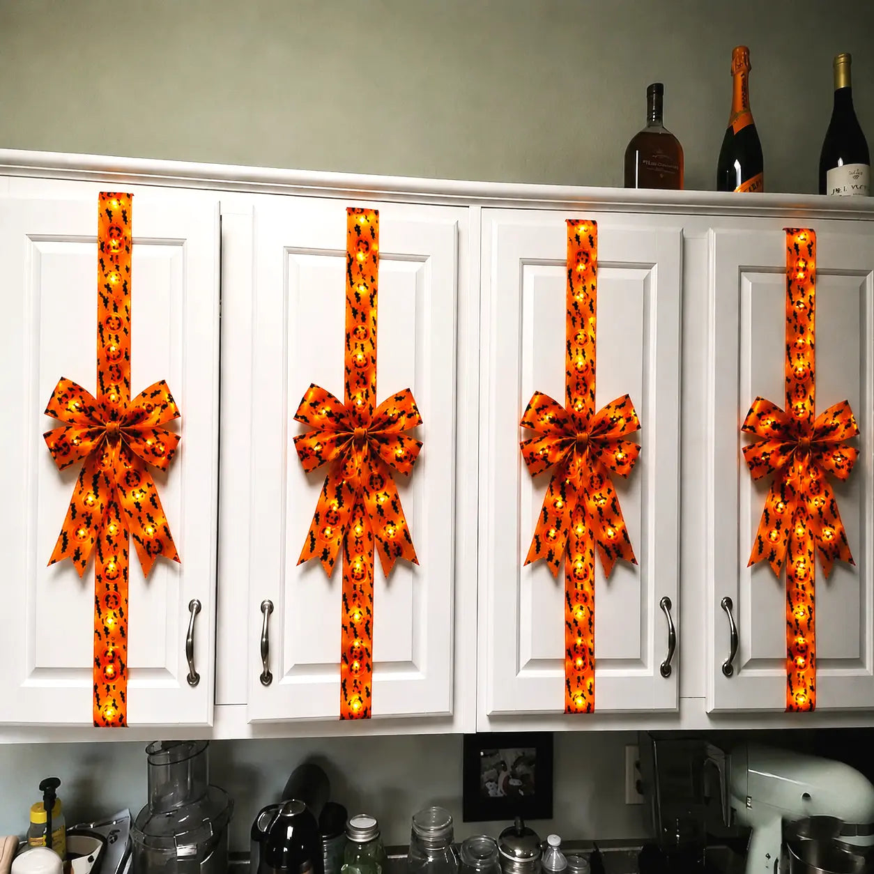 Holiday Halloween Cabinet Door Fringe Lime Red Large Bow Wreath 79 x 2.4 Inches Polyester Fiber AAA Batteries  Festive Home Decoration