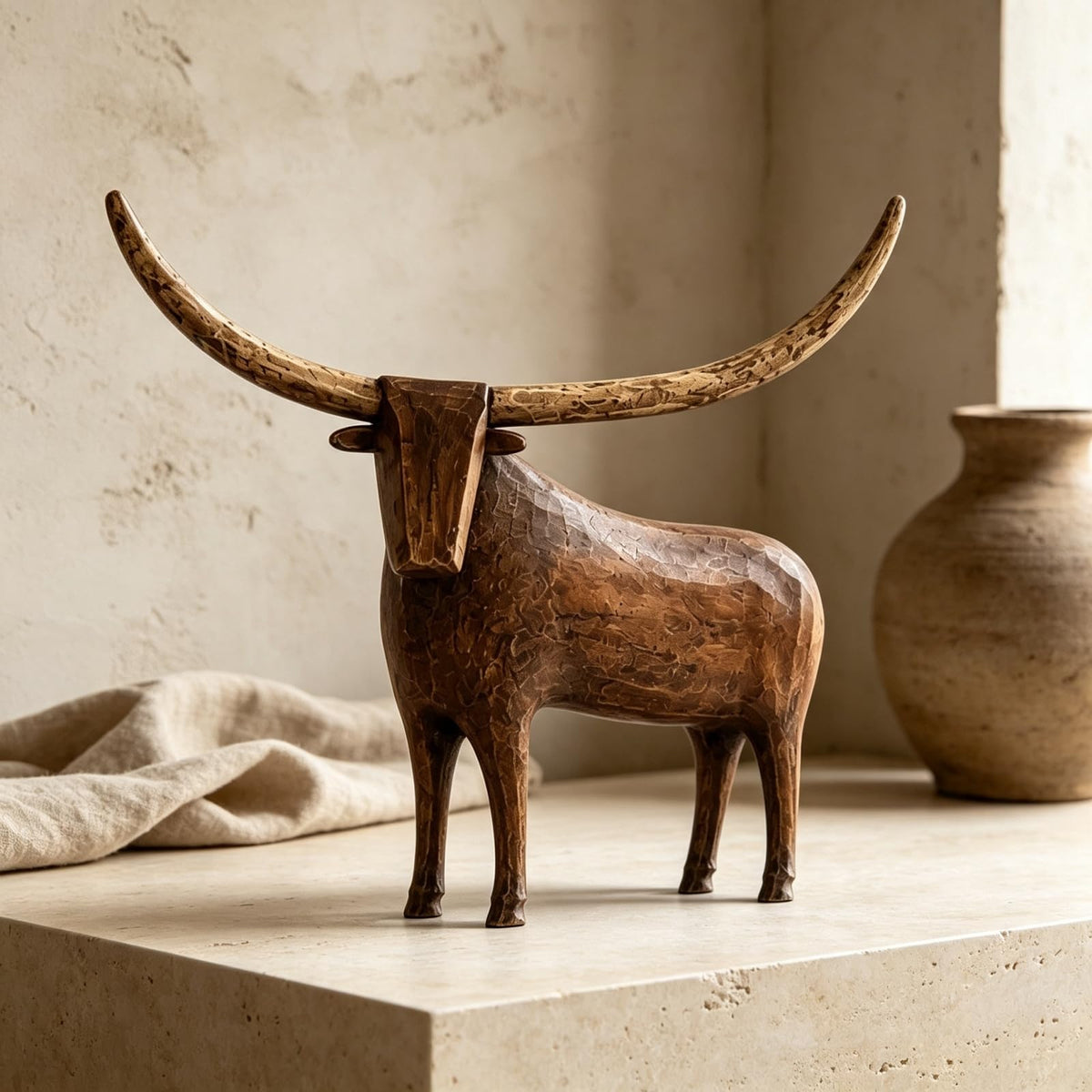 Vintage Longhorn Bull Sculpture – Rustic Western Farmhouse Home Decor