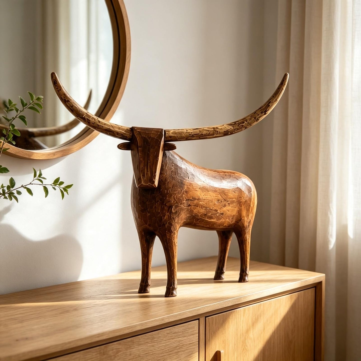Vintage Longhorn Bull Sculpture – Rustic Western Farmhouse Home Decor