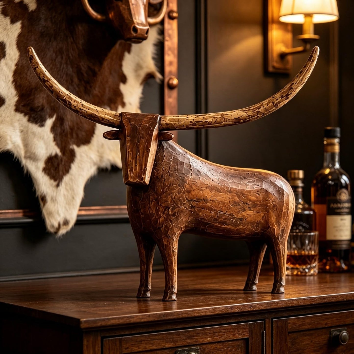 Vintage Longhorn Bull Sculpture – Rustic Western Farmhouse Home Decor
