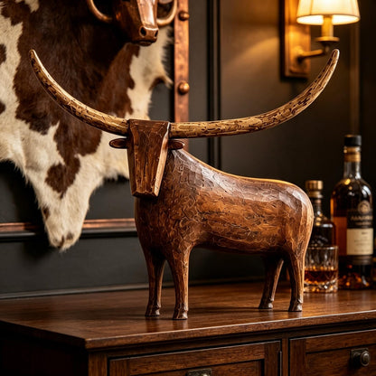 Vintage Longhorn Bull Sculpture – Rustic Western Farmhouse Home Decor