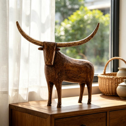 Vintage Longhorn Bull Sculpture – Rustic Western Farmhouse Home Decor