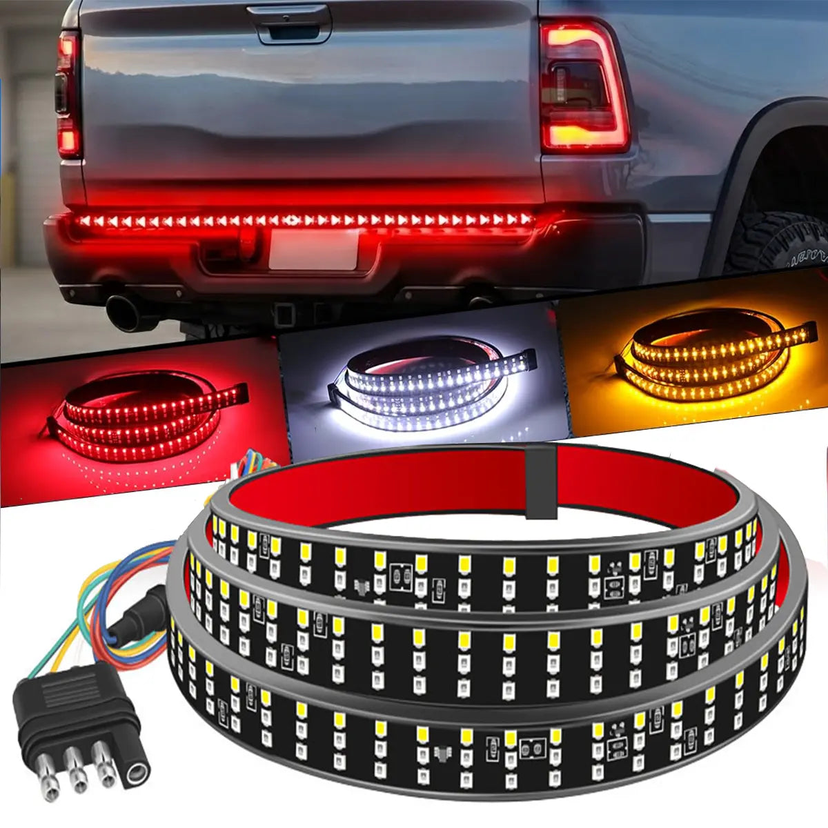 🚛 Upgraded 60 Inch Triple Row LED Tailgate Light Bar | Sequential Brake Reverse Turn Signal, Waterproof Plug & Play for Trucks & SUVs