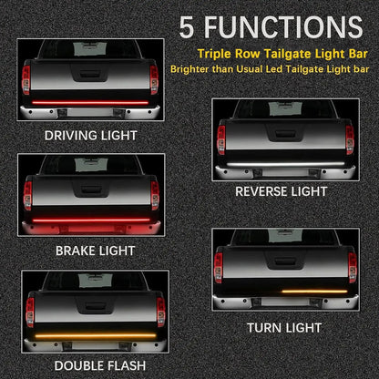 🚛 Upgraded 60 Inch Triple Row LED Tailgate Light Bar | Sequential Brake Reverse Turn Signal, Waterproof Plug & Play for Trucks & SUVs
